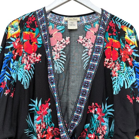 Flying Tomato Kimono Top Small Black Floral Boho Crossover Blouse Rayon Crop - Picture 2 of 8